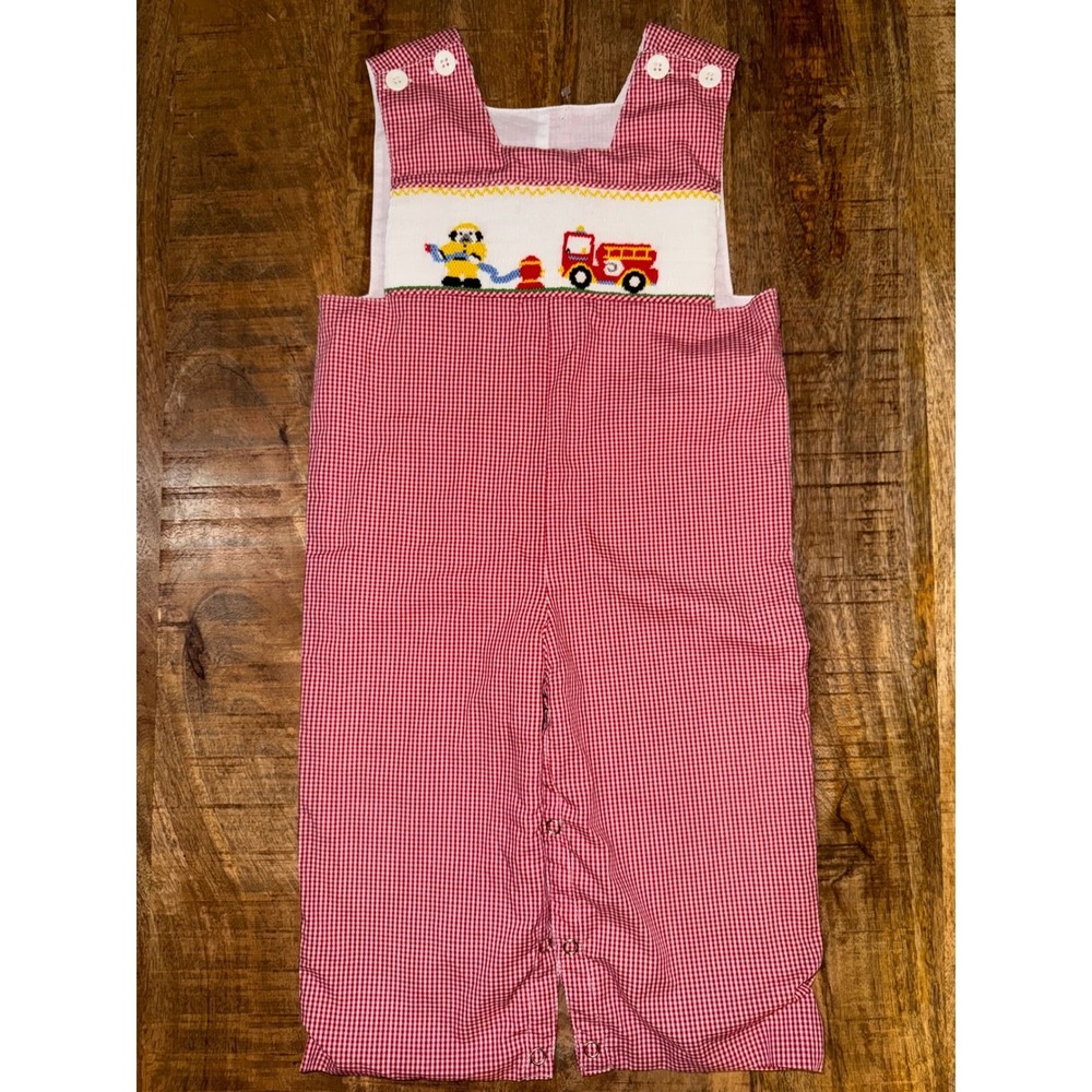 Remember Nguyen Boys Red Gingham Smocked Fire Truck Longall 18M